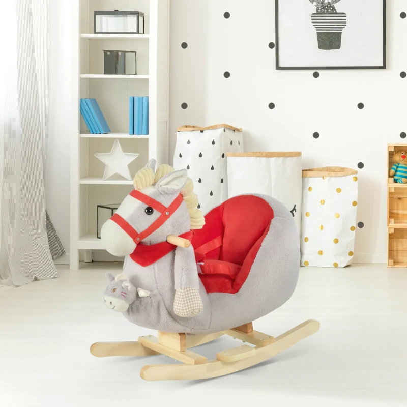 Qaba Kids Ride On Rocking Horse with Cradlesong Handle Grip Hand Puppet Traditional Toy Gift for Children 18-36 Months Rocking Toy for Toddler Grey