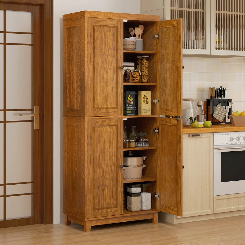 HOMCOM 72.5" Kitchen Cabinet, Pantry Storage Cabinet with 4 Doors, Adjustable Shelves for Dining Room, Distressed Brown
