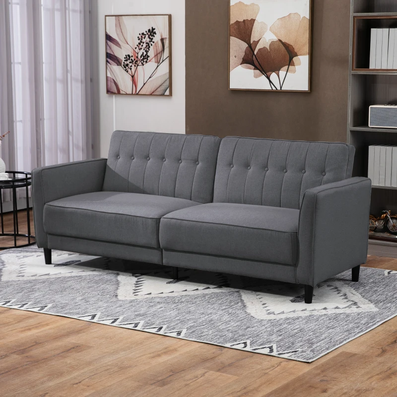 HOMCOM Convertible Bed with Couch, Button Tufted Fabric Sofa Bed with Adjustable Back for Living Room, Charcoal Grey