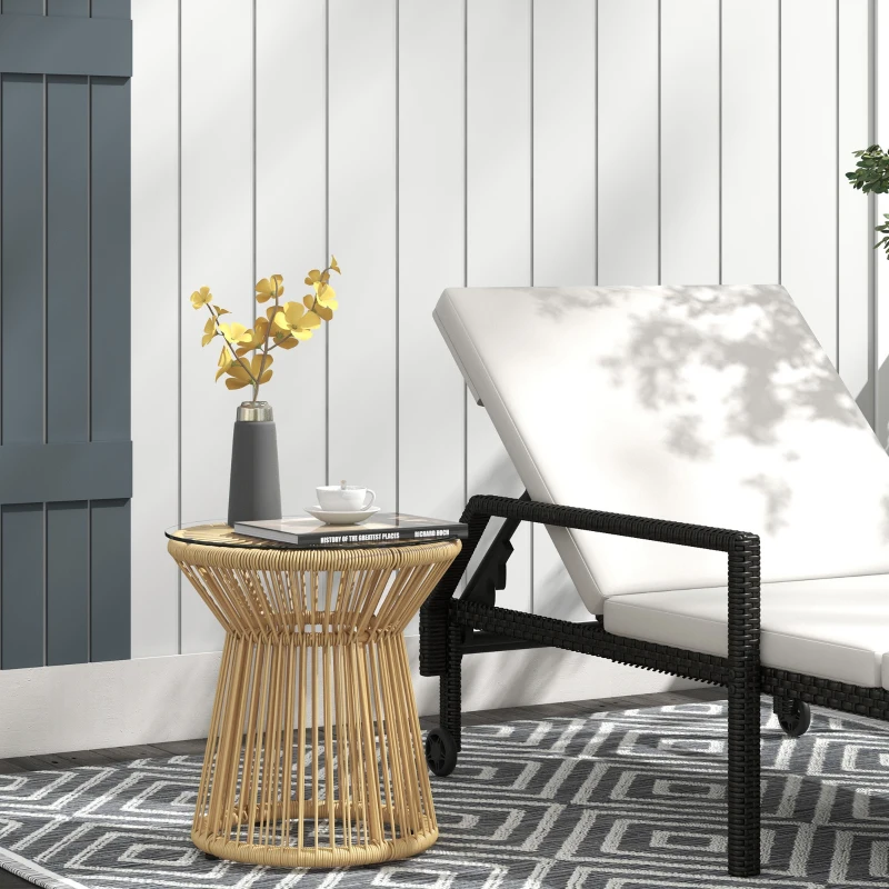 Outsunny Round End Table, Rattan Side Table, Hollow Drum Design Coffee Table w/ Glass Tabletop for Patio, Garden, Balcony, Beige