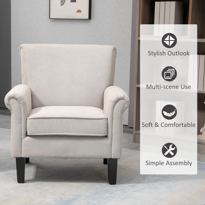 HOMCOM Upholstered Accent Chair, Single Armchair with Soft Velvet Touch Fabric, Rolled Armrest, Grey