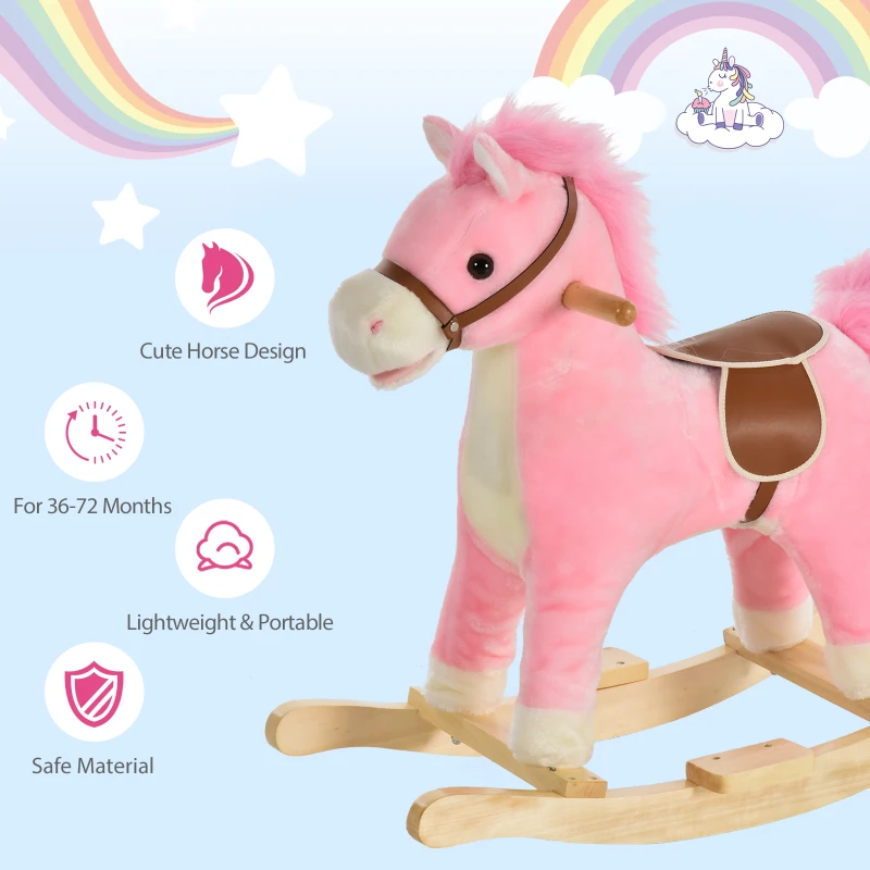 Qaba Rocking Horse Plush Animal on Wooden Rockers, Baby Rocking Chair with Sounds, Moving Mouth, Wagging Tail, Pink