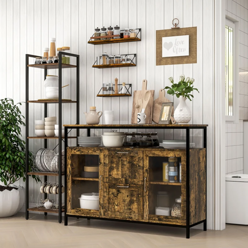 HOMCOM Kitchen Sideboard Industrial Style Serving Buffet Storage Cabinet Cupboard with Adjustable Shelves, Glass Doors, 2 Drawers for Dining, Living Room, Rustic Brown