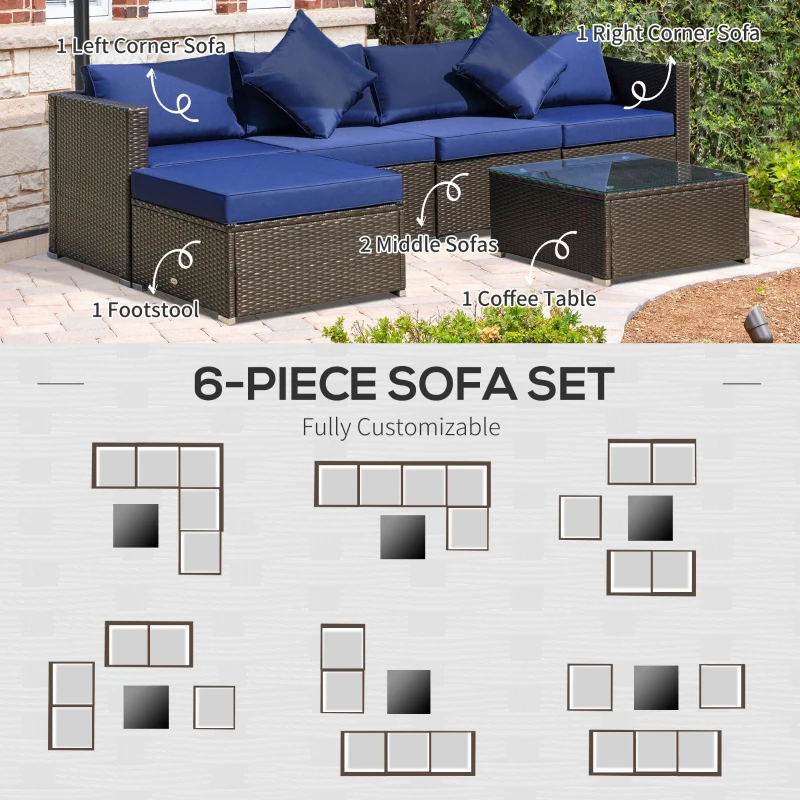 Outsunny 6 Piece Patio Furniture Set Outdoor Wicker Conversation Set All Weather PE Rattan Sectional Sofa Set with Ottoman, Cushions and Tempered Glass Table, Coffee and Blue