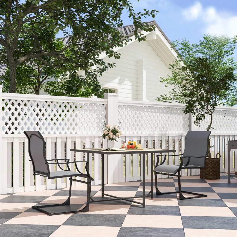 Outsunny C Spring Patio Dining Chairs Set of 2 with High Backrest, Armrest, Breathable Fabric & Metal Frame, 256LBS, Light Gray