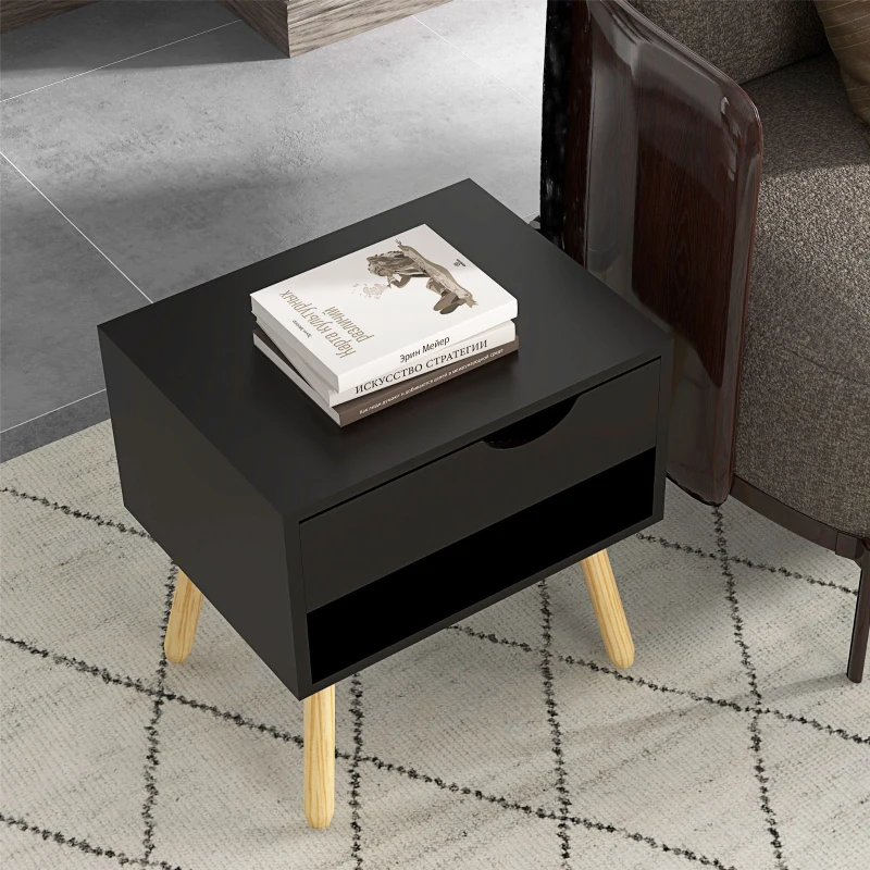 HOMCOM Set of 2 Nightstands with Storage Drawer and Shelf, Modern Bedside Table for Bedroom, Black
