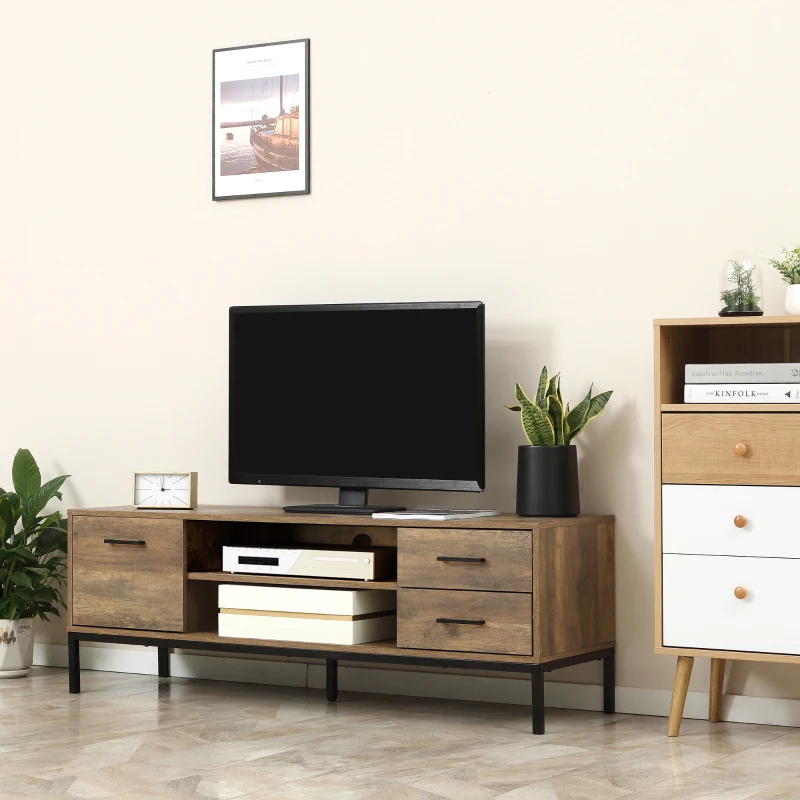 HOMCOM TV Stand for TV up to 50 Inches, Entertainment Center with Door, Open Storage and Drawers, TV Table with Steel Legs, Coffee
