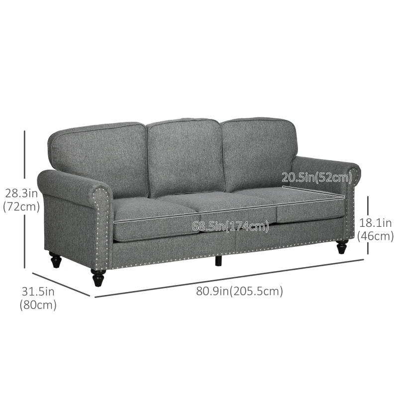 HOMCOM 3-Seater Sofa Couch, 81" Modern Upholstered Linen Fabric Sofa with Rubberwood Legs, Nailhead Trim and Rolled Arms for Living Room, Bedroom and Apartment, Grey