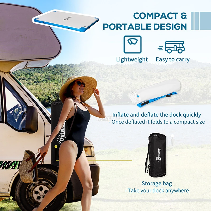 Outsunny 10 x 7ft Water Inflatable Floating Dock, Inflatable Platform Island, Large Floating Mat Raft with Air Pump & Backpack, for Pool, Beach, Ocean, White