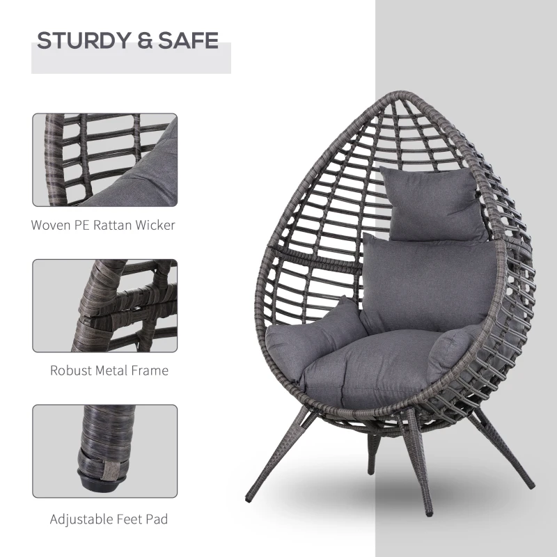 Outsunny Outdoor/Indoor Rattan Chair with Soft Cushion, Wicker Egg Lounge Chair for Backyard Garden Balcony Lawn, Grey