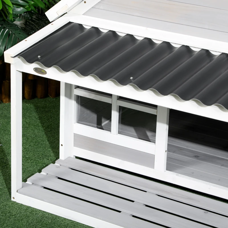 PawHut Wooden Dog House with Porch, Dog House Outdoor with Tilt Roof, Front Door, Windows for Medium Large Sized Dog