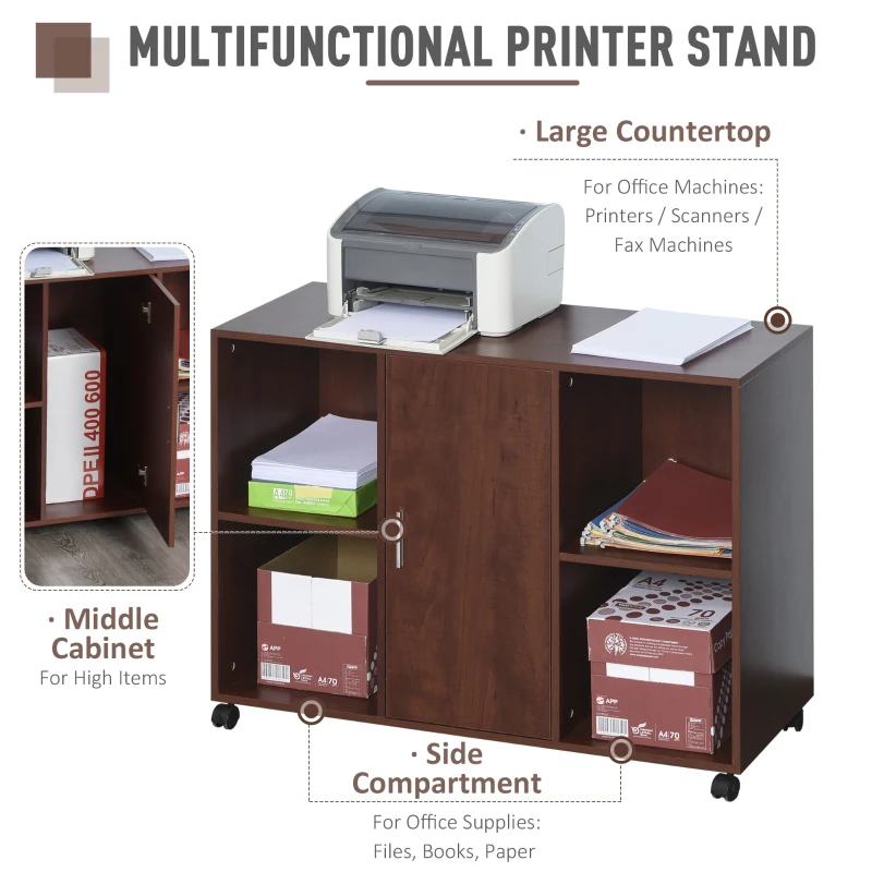 Vinsetto Mobile File Cabinet and Printer Stand for Home Office, Mobile Printer Table with 4 Open Storage Shelves, Door Cabinet, Wheels, Brown