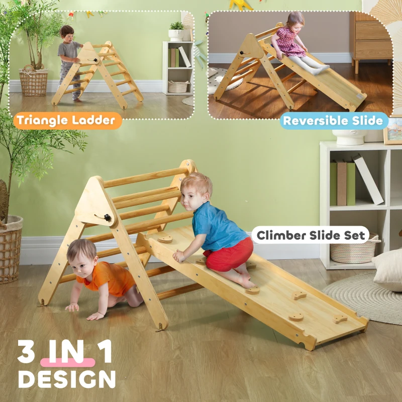 Qaba Pikler Triangle Set, 3 in 1 Climbing Toys with Ramp for Toddlers, Nature Wood