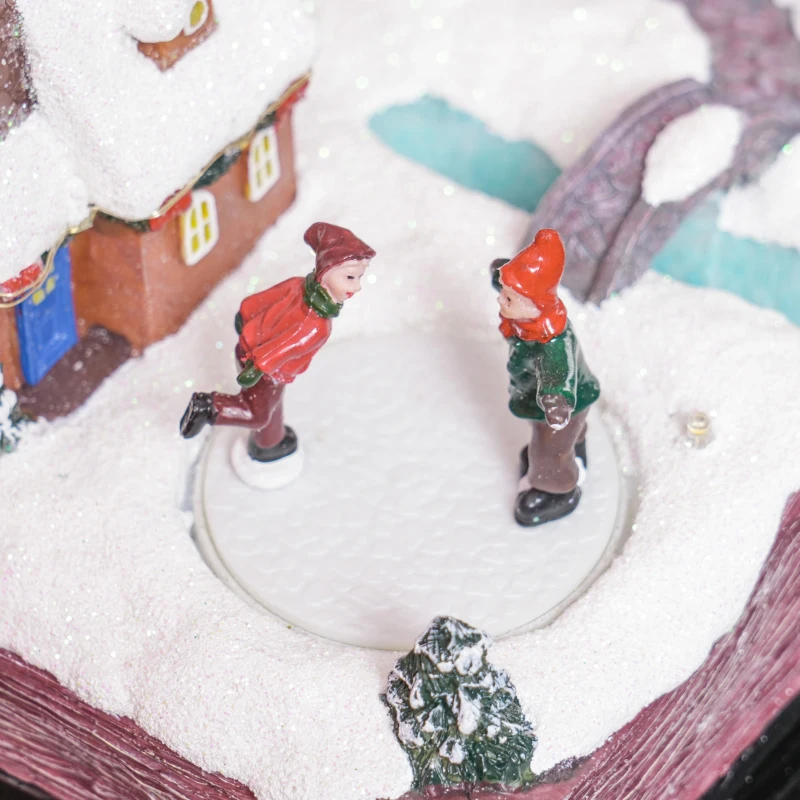 HOMCOM Christmas Village Houses with LED Lights, Music, Christmas Village Decoration with Rotating Ice Skaters, Battery Operated