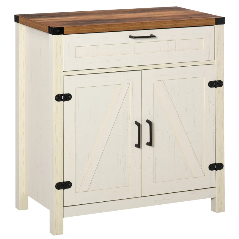 HOMCOM Modern Farmhouse Sideboard with Storage, Buffet Cabinet with 2 Barn Doors and Drawer for Dining Room, Distressed White