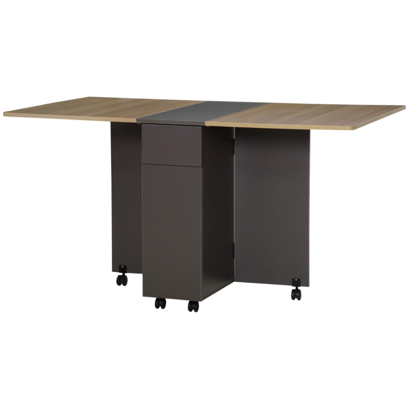 HOMCOM Extendable Dining Table, Drop Leaf Table with 2 Drawers and Storage Cabinet, Folding Dining Table with 6 Wheels