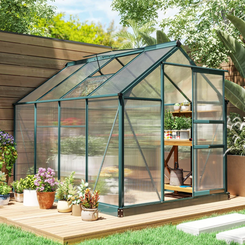 Outsunny 6' x 8' Outdoor Greenhouse with Rain Gutter and Roof Vent for Patio Backyard Dark Green
