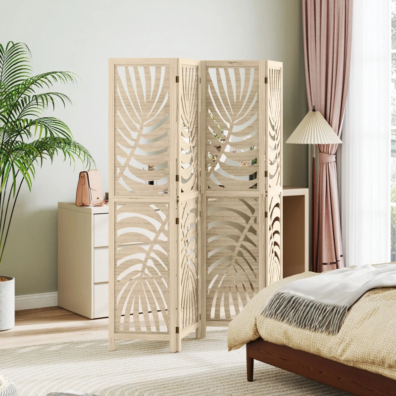 HOMCOM 4 Panel Room Divider, Detachable Folding Privacy Screens with Palm Leaf Design for Home Office, Natural Wood Finish