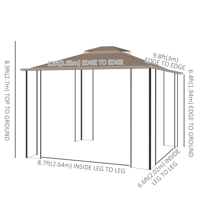 Outsunny 12' x 10' Soft-top Patio Gazebo Covered Gazebo Backyard Tent with Double Tier Roof and Netting Sidewalls, Brown
