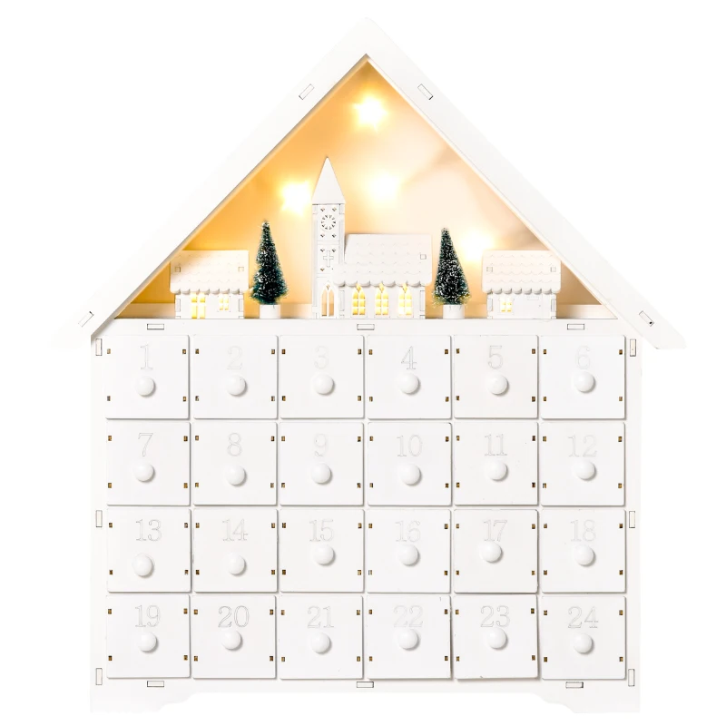 HOMCOM Christmas Advent Calendar, 2022 Light Up Table Xmas Wooden House Holiday Decoration with Countdown Drawer, Village, for kids Adults, White
