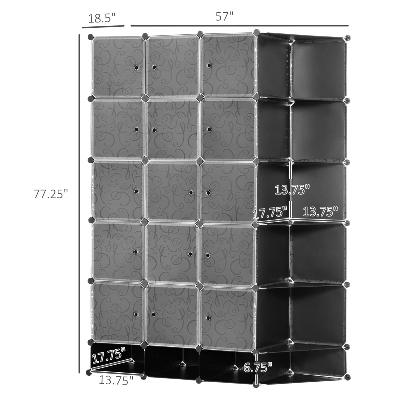 HOMCOM Cube Storage Organizer, DIY 20-Cube Modular Cabinet, Shoe Rack with Doors for Living Room, Black