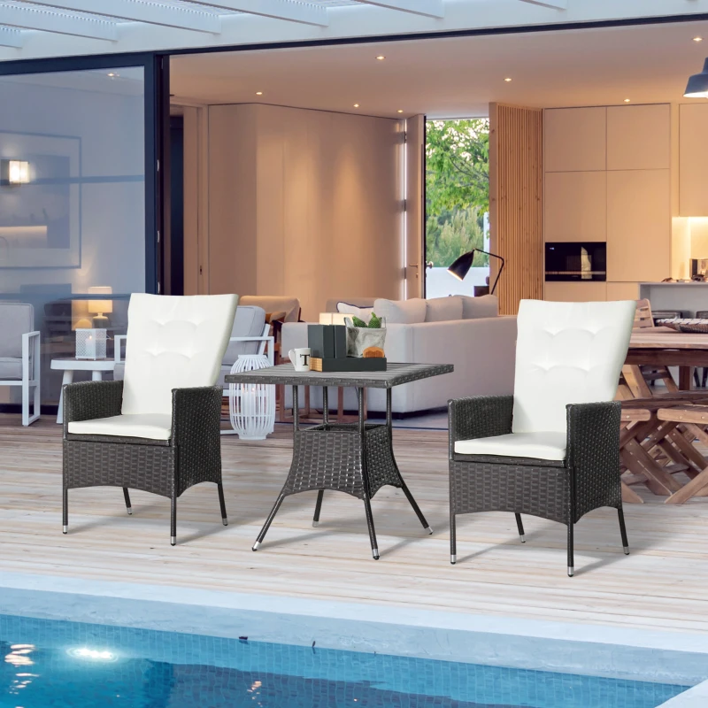 Outsunny 3 Piece Patio Bistro Set, PE Wicker Furniture Conversation Set w/ Tufted Cushion Reclining Chairs & Coffee Table, Cream
