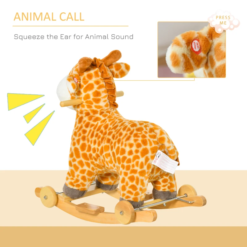 Qaba Rocking Horse, 2 in 1 Kids Ride on Horse, Rolling Giraffe Animal Rocker with Sound, Wooden Base, Pedal, Grip Handle, Plush Riding Pony for 3-6 Years Old, Yellow