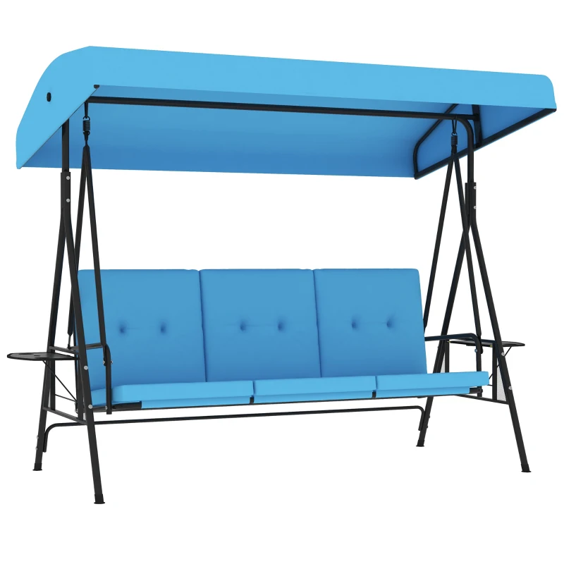 Outsunny 3-Seat Outdoor Porch Swing Patio Swing with Adjustable Canopy, Side Tray, Removable Cushion for Garden, Poolside, Blue