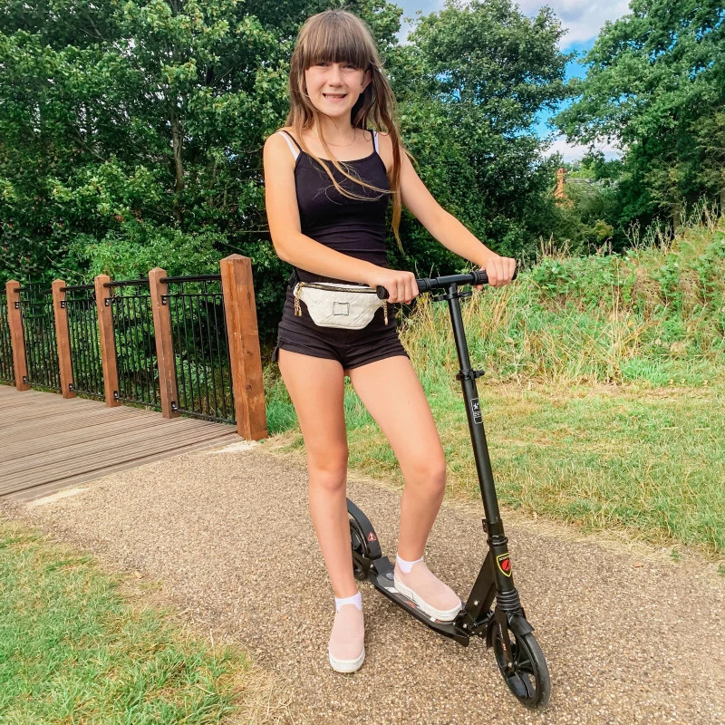 Soozier Foldable Kick Scooter Height Adjustable Ride On Bike with Real Wheel Brake, Dual Shock-Absorbing, Kickstand, and 7.75'' Big Wheels For 14+ Teens Adult, Black