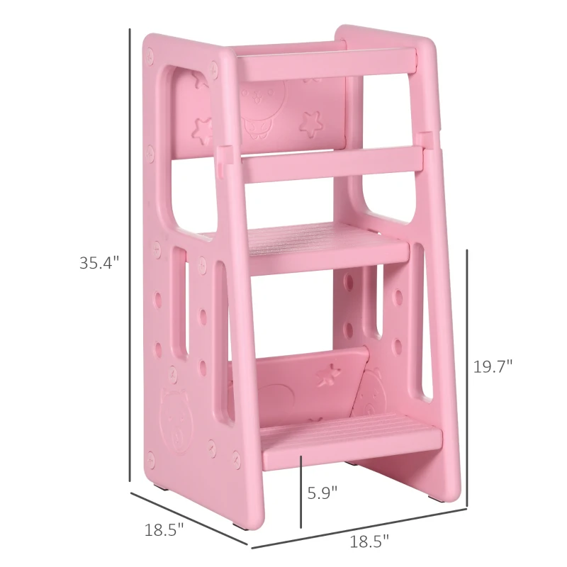 Qaba Toddler Tower with Adjustable Height, Anti-slip Mat, Toddler Step Stool, Pink
