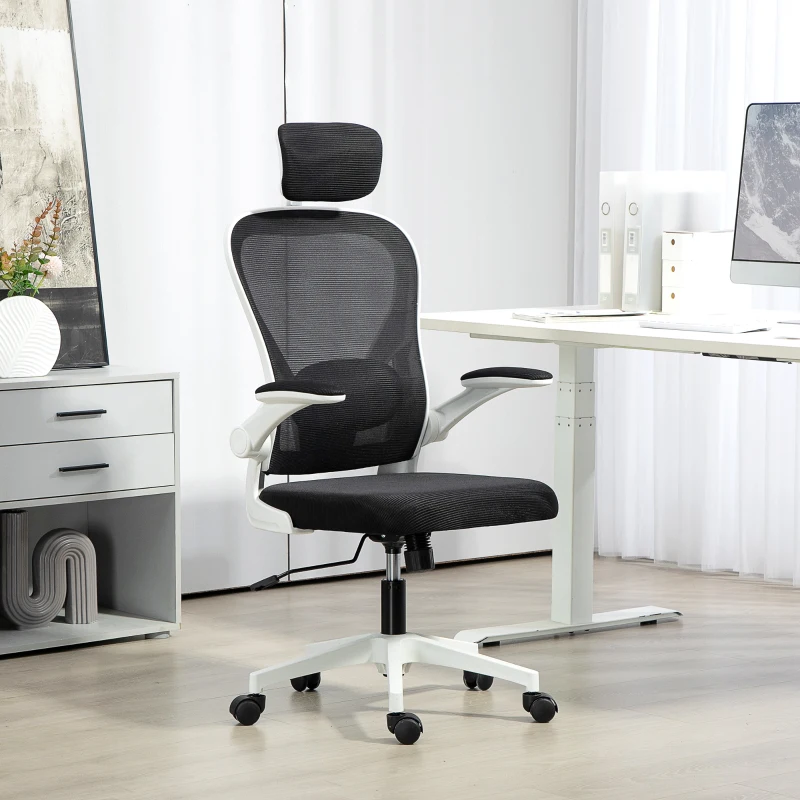 HOMCOM Mesh Office Chair, Ergonomic Desk Chair with Flip-up Armrest, Rotatable Headrest, Adjustable Lumbar Support, Black
