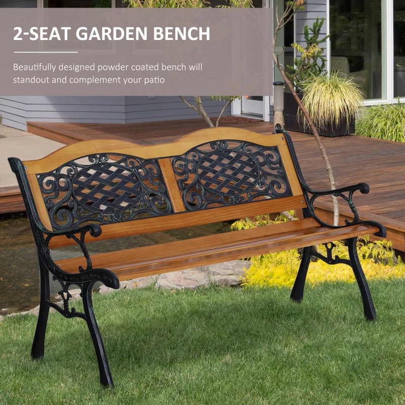 Outsunny 50" Outdoor Garden Bench, Park Patio Bench Loveseat, Wood & Metal Frame with Plastic Flourish Backrest, Natural Wood
