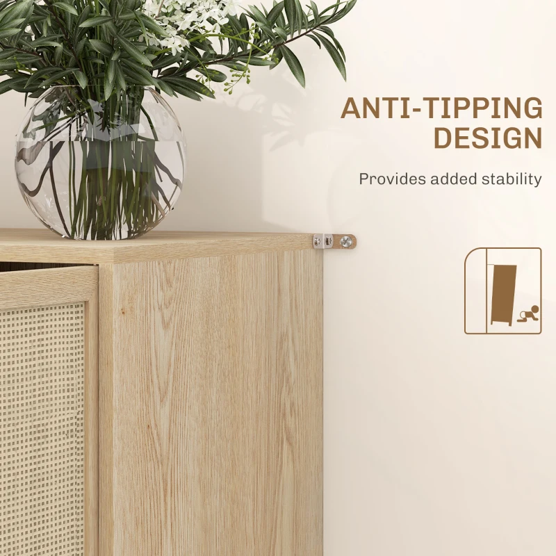 HOMCOM Kitchen Sideboard Cabinet, Boho Storage Cabinet with Shelves, Wood Legs, Decorative Rattan Doors, Natural