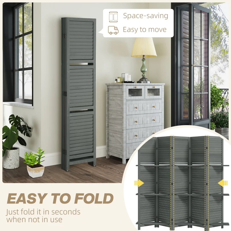 HOMCOM 5 Panel 67" Tall Wood Privacy Screen Room Divider with 3 Shelves and Folding Storage for Bedroom, Gray