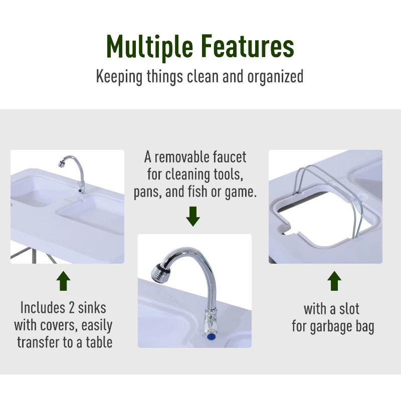 Outsunny 2-in-1 Folding Table with Faucet and Sinks Portable Outdoor Camping BBQ Fishing Table, White