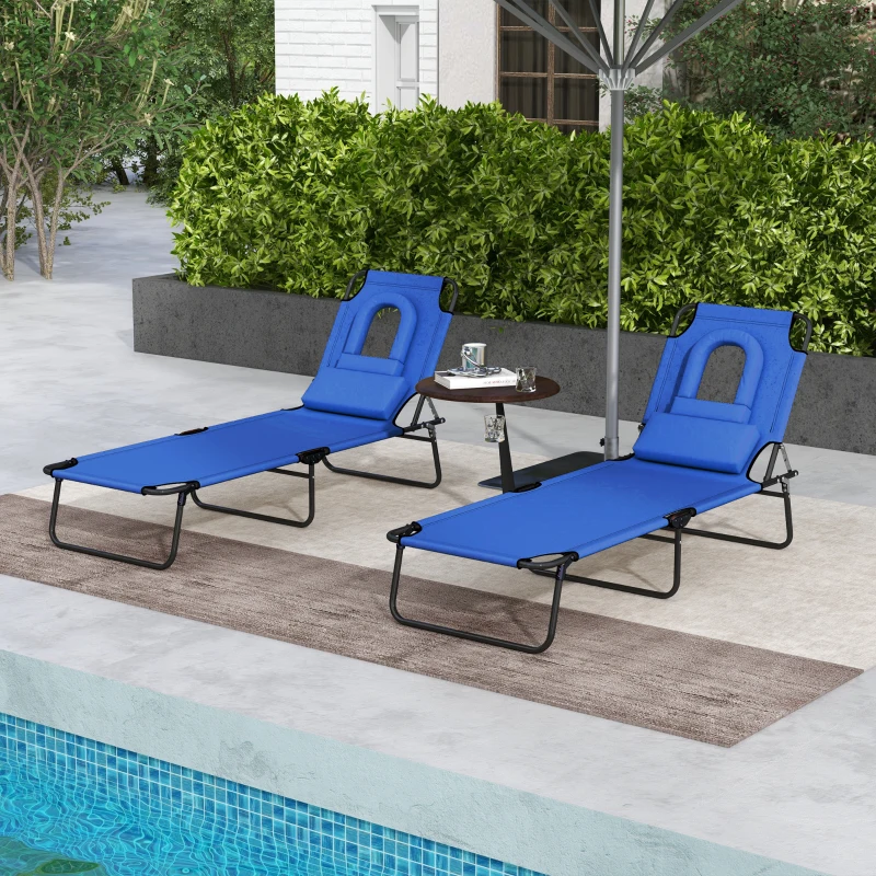 Outsunny 2PCS Adjustable Outdoor Lounge Chair, Garden Folding Chaise Lounge with Face Hole Reclining Tanning Chair Seat, Folding Camping Beach Lounging Bed w/ Head Support Blue