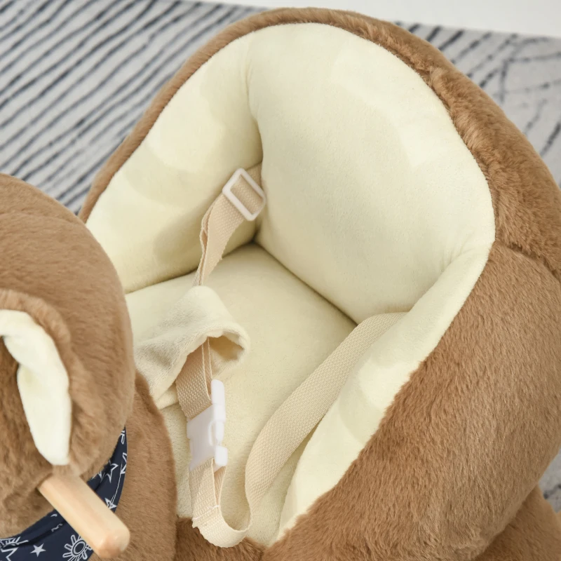 Qaba Baby Rocking Horse Bear Design Plush Stuffed Rocking Chair, Wooden Rocking Horse with Sound, Seat Belt for Boys and Girls Gift, Brown