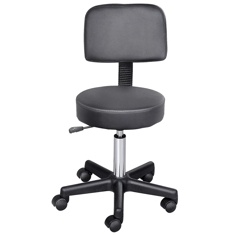 HOMCOM PU Leather Adjustable Rolling Stool, Round Swivel Drafting Stool with Back, Wheels, Black
