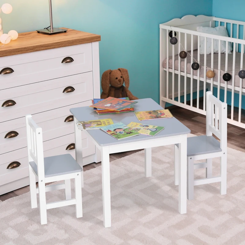 Qaba Kids 3 Piece Table and Chair Set Ideal for Arts, Meals, Lightweight Wooden Homework Activity Center, Toddlers Age 3+, Grey