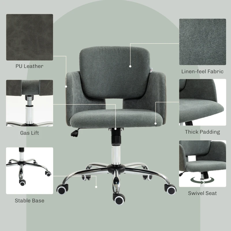 HOMCOM Small Desk Chair, Height Adjustable Fabric Office Chair with Swivel Wheels, Tilt Function, Computer Chair, Grey
