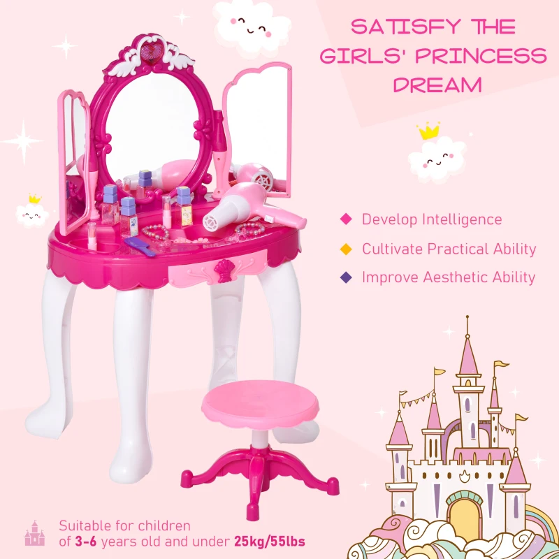 Qaba Infrared Remote Control Kids Vanity Set, Girls Pretend Dressing Table Set with Magic Wand, Music, Lightening, Cosmetic Mirror, Hair Dryer and Makeup Accessories