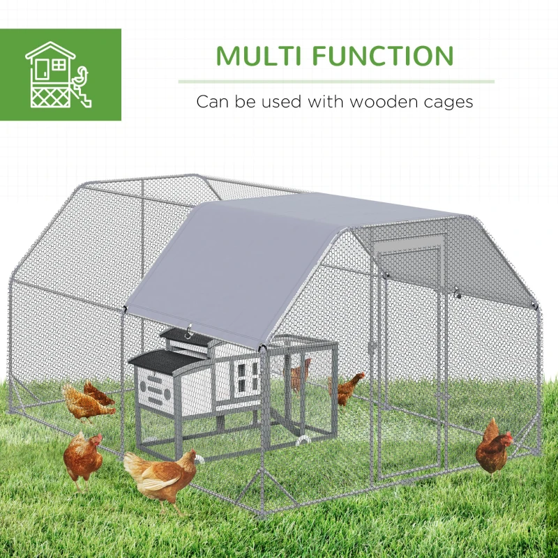 PawHut Chicken Run, Galvanized Large Metal Chicken Coop Cage, Walk-in Enclosure Poultry Hen Run House Playpen Rabbit Hutch with Flat Roof, Cover, 9.2' x 12.5' x 6.5', Silver