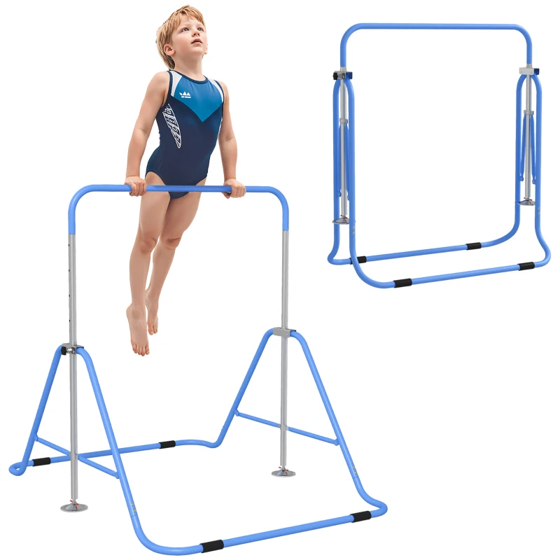 Qaba Folding Gymnastics Bar for Kids, Adjustable Height, Bubble Gum Blue