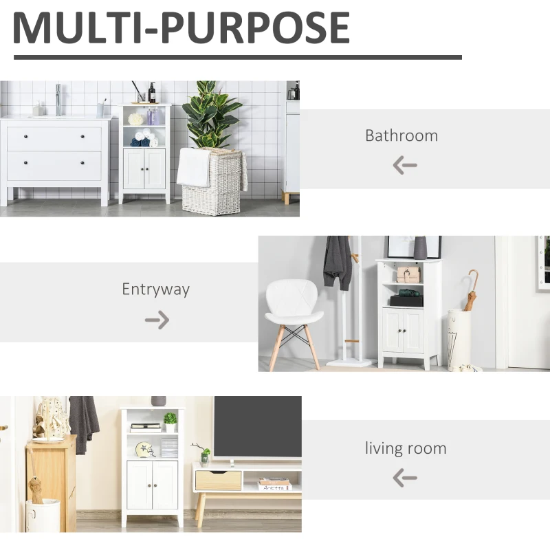 kleankin Bathroom Floor Cabinet, Wooden Bathroom Cabinet with 2 Open Shelves, Double Doors and Adjustable Shelves, Freestanding Storage Cabinet for Bathroom, White