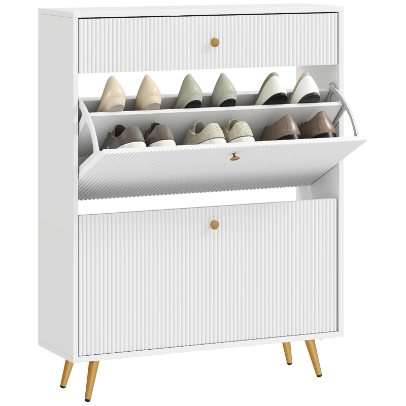 HOMCOM Narrow Shoe Storage Cabinet with Wave-like Panels and Adjustable Shelves for 12 Pairs of Shoes, White