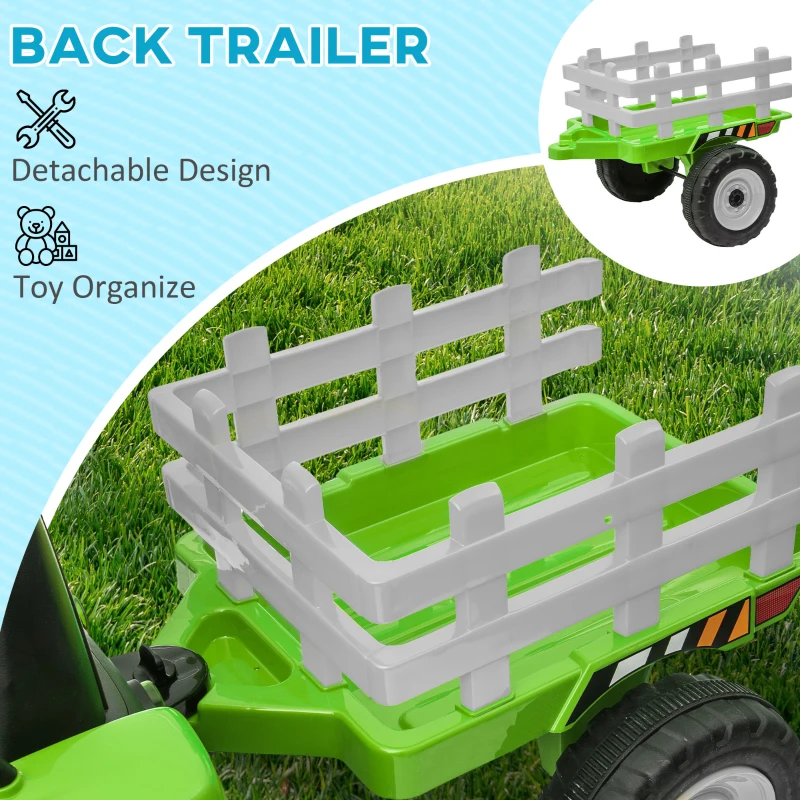 Aosom 12V Ride on Tractor with Trailer, 25W Dual Motors, Battery Powered Electric Tractor with Remote Control, Music Startup Sound and Horn, LED Lights, Green