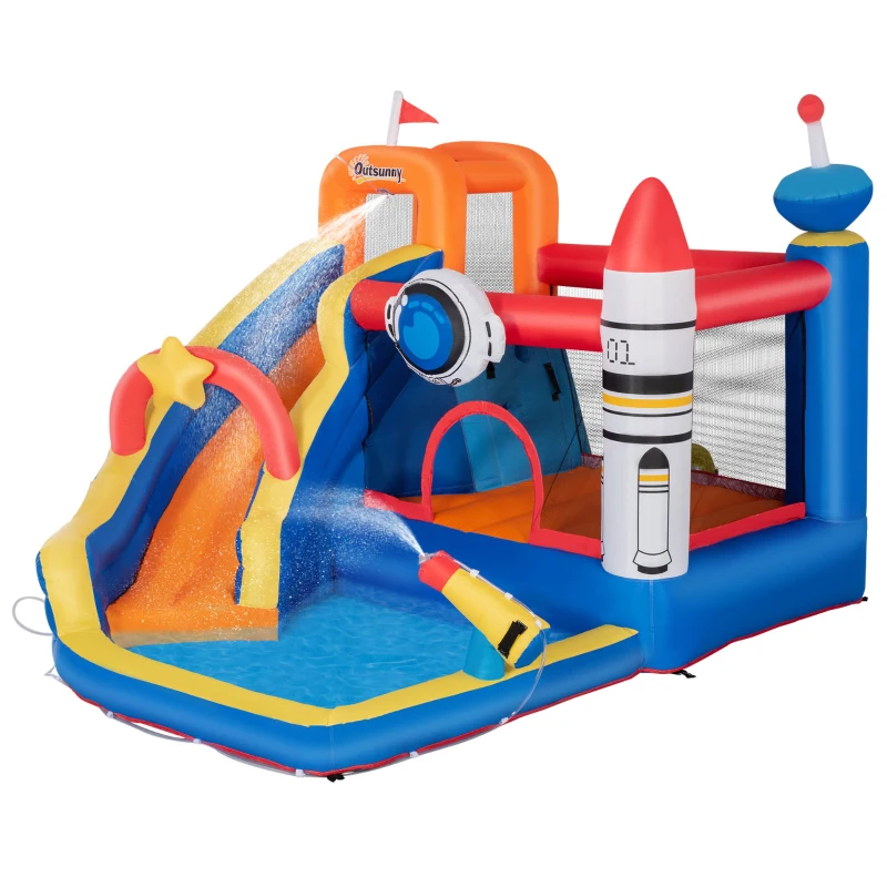 Outsunny 5-in-1 Water Slide Kids Inflatable Bounce House Space Theme Water Park Includes Slide Trampoline Pool Cannon Climbing Wall with Carry Bag, Repair Patches without Air Blower
