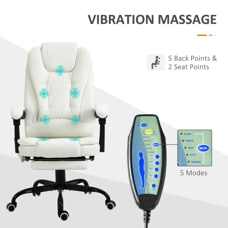 Vinsetto 7-Point Vibrating Massage Chair, Reclining Office Chair with Footrest, Reclining Back, Adjustable Height, White