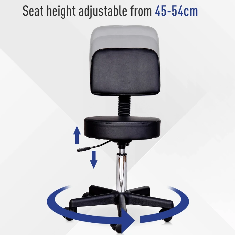 HOMCOM PU Leather Adjustable Rolling Stool, Round Swivel Drafting Stool with Back, Wheels, Black