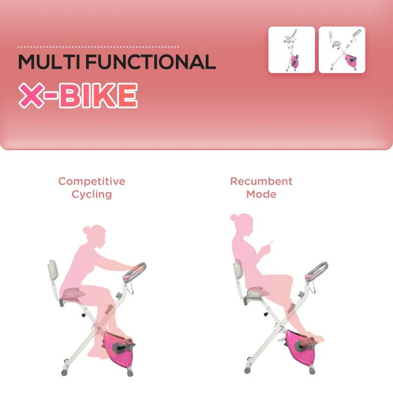 Soozier Foldable Magnetic Exercise Bike Indoor Stationary Upright Fitness Cycling Bike, 8 Level Quiet Magnetic Resistance, Pink